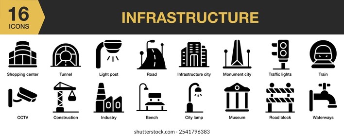 Conjunto de iconos sólidos de infraestructura. Incluye banco, cctv, lámpara de ciudad, construcción, industria, infraestructura, ciudad y más. Colección de Vector de iconos sólidos.