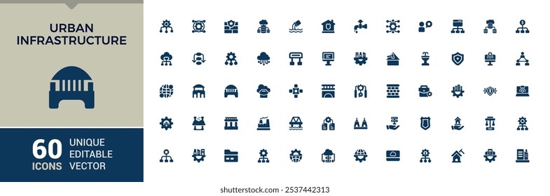 Conjunto de iconos sólidos de infraestructura. Incluye iconos para corporación, comunidad, desarrollo, iglesia, urbano y más. Icono plano minimalista lleno.