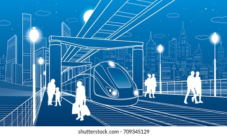 Infrastructure and transport illustration. Monorail railway. People walking under flyover. Crosswalk. Train move. Modern night city. Towers and skyscrapers. White lines. Vector design art