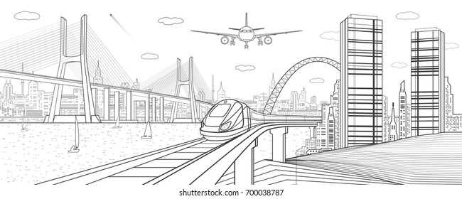 Infrastructure and transport illustration. Train move on railway. Airplane fly. Big cable-stayed bridge. Modern night city, towers and skyscrapers. Black lines on white background. Vector design art