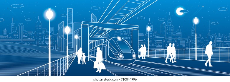 Infrastructure and transport panorama. Monorail railway. People walking under flyover. Train move. Illuminated platform. Modern night city. Towers and skyscrapers. White lines. Vector design art