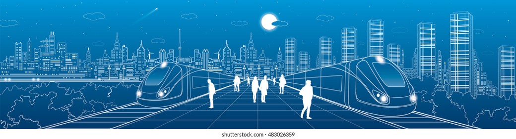 Infrastructure And Transport Panorama, People Waiting For Train On Station, Two Trains Move Over Bridges, Night City In The Background, Business Buildings, Neon Skyline, Vector Design Art