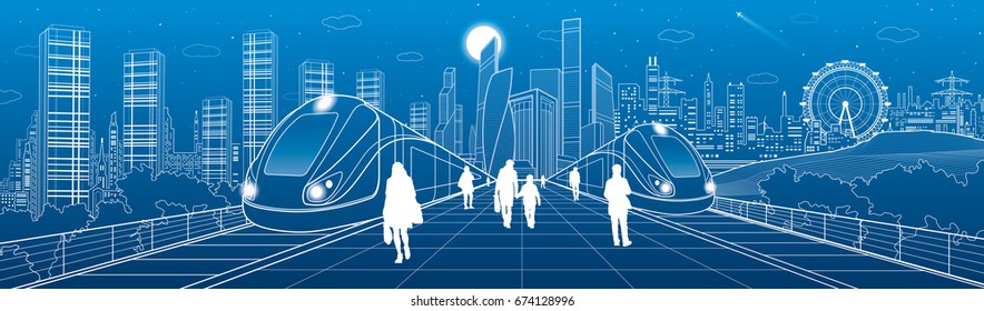 Infrastructure And Transport Panorama, People Waiting For Train On Station, Two Locomotive Move Over Bridges, Modern City On Background, Business Buildings, Urban Skyline, Vector Design Art