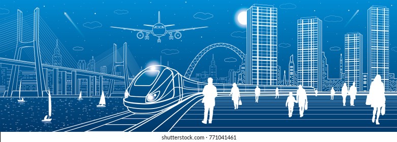 Infrastructure And Transport Panorama. Train Move On Railway. People At Station. Airplane Fly. Big Bridge. Modern Night City, Towers And Skyscrapers. Yachts On Water. White Lines. Vector Design Art