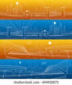 Infrastructure and transport panoramic set. Road overpass. Pedestrian bridge. Train rides. Towers and skyscrapers. Urban scene, modern city on background. White lines, vector design art