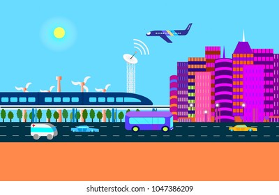 Infrastructure and transport system in the city with green energy capacities and communication satellite behind skyscapers 