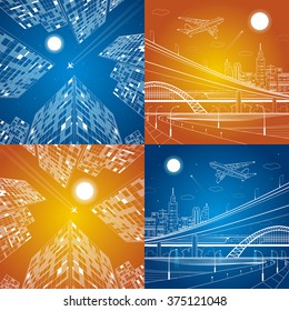 Infrastructure and transportation illustration,  business building, airplane flying, neon city,  car overpass, urban plot, plane takes off, train move, day and night, vector design set