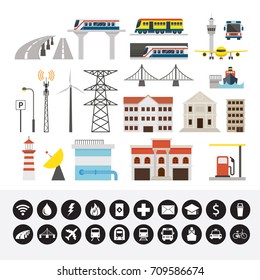 Infrastructure and Transportation Objects and Icons Set, Smart City, Connected, Energy and Power Concept