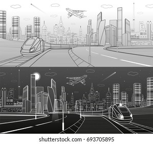 Infrastructure transportation panoramic. Train rides. Towers and skyscrapers. Urban scene, modern city on background, industrial architecture. White and gray lines, vector design art 