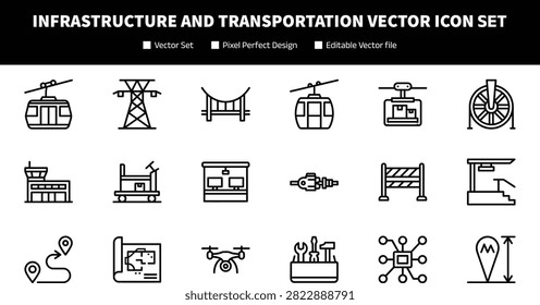 Infrastructure and Transportation Vector Icon Collection with Engineering Construction and Logistic Symbols for Industrial Graphic Design Projects