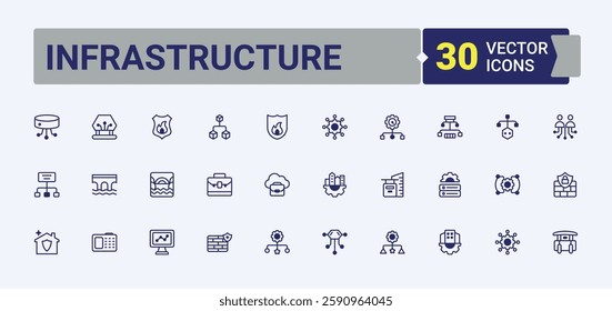Infrastructure trendy minimal icons. Contains related to compute, build, technology, way, car, cloud, plan, bus. UI icon set in a flat design. Solid line editable stroke. Vector collection.