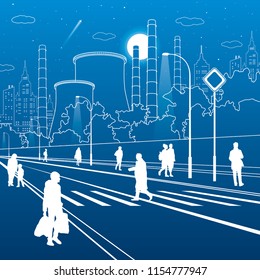 Infrastructure and urban illustration. People walking at the street. Illuminated highway. Factory thermal power plant. Modern night city. White lines on blue background. Vector design art