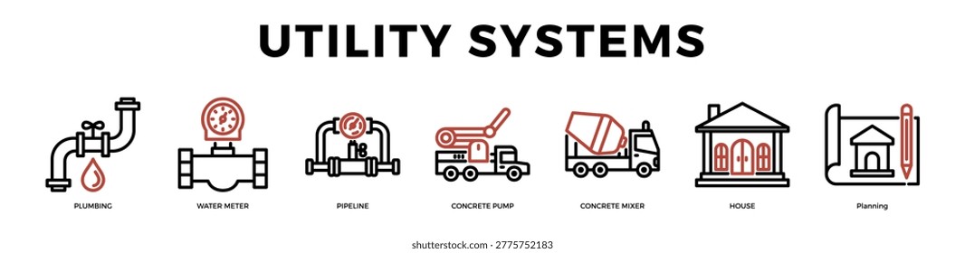 Infrastructure utility system icons featuring plumbing pipeline water meter and installation process for industrial and construction projects