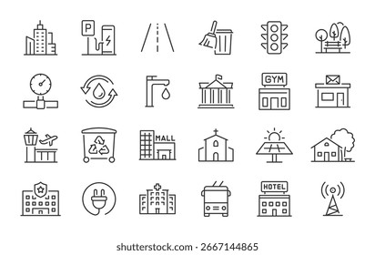 Ícones da Web do Infrastructure em estilo de linha. Transporte, estrada, shopping, aeroporto, polícia, escola, parque, água, coleta. Ilustração vetorial.
