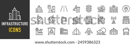 Infrastructure web icons in line style. Transport, road, mall, airport, police, school, park, water, collection. Vector illustration.