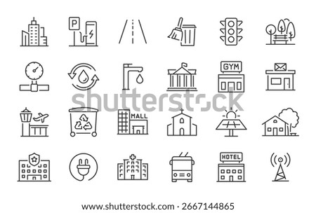 Infrastructure web icons in line style. Transport, road, mall, airport, police, school, park, water, collection. Vector illustration.