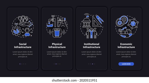 Infrastructures onboarding mobile app page screen. Urban control systems walkthrough 4 steps graphic instructions with concepts. UI, UX, GUI vector template with linear night mode illustrations