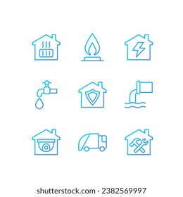 Infrastructures pixel perfect gradient linear vector icons set. Water, gas and electricity supply. Waste collection. Thin line contour symbol designs bundle. Isolated outline illustrations collection