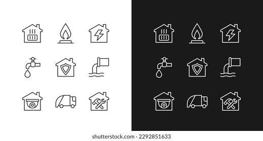 Infraestructuras píxeles perfectos iconos lineales para el modo oscuro y claro. Agua, suministro de electricidad. Recogida de desechos. Símbolos delgados para la noche, tema del día. Ilustraciones aisladas. Trazo editable