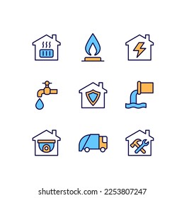 Infrastructures pixel perfect RGB color icons set. Water, gas and electricity supply. Waste collection service. Isolated vector illustrations. Simple filled line drawings collection. Editable stroke