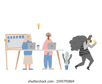 Infringement of copyright. Two cowokers creating an idea. Person in mask stealing an idea metaphor. Thief running away with a bulb in his hands. Intellectual property. Vector flat illustration.