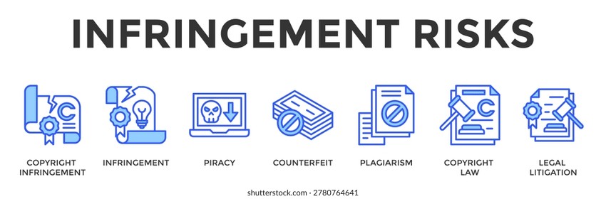 Infringement Risks Banner Web Icon Set Collection Pack Vector Illustration Concept Containing Copyright Infringement, Infringement, Piracy, Counterfeit, Plagiarism, Copyright Law, Legal Litigation