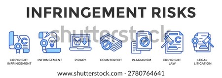 Infringement Risks Banner Web Icon Set Collection Pack Vector Illustration Concept Containing Copyright Infringement, Infringement, Piracy, Counterfeit, Plagiarism, Copyright Law, Legal Litigation