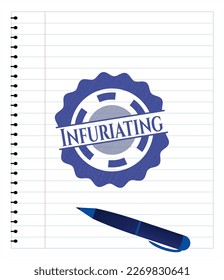 Infuriating emblem drawn with pen. Blue ink. Vector Illustration. Detailed. 
