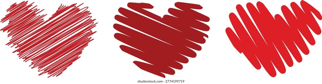 Infuse your creative projects with passion using this set of three hand-drawn red hearts in various scribble styles. From fine, energetic lines to bold, thick strokes, these expressive heart illustrations offer a versatile and artistic touch. They are perfect for Valentine’s Day designs, romantic greetings, social media stickers, or adding a heartfelt, DIY aesthetic to your digital content.