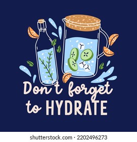 Infused sparkling water in glass bottle and jug, square card design with hydration reminder. Orange fruit and cucumber detox aqua drink, refreshing soda, lemonade. Colored flat vector illustration