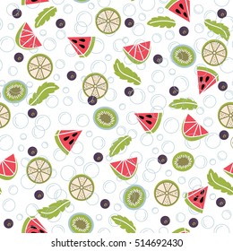 Infused water of fresh fruit:  lemon, mint, cucumber, orange, strawberry, raspberries, kiwi, blueberry, watermelon. Seamless pattern with detox water. Fruit cocktails background.
