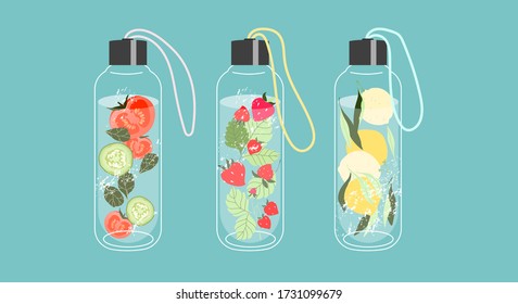 Infused water in glass bottles. Fruits and vegetables in a water. Detox and refreshment drink concept. Trendy vector isolated elements on a blue background. Modern illustration for web and print. 