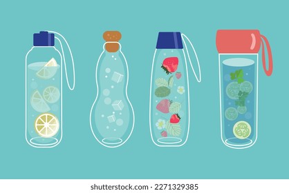 Infused water in glass bottles. Fruits and vegetables in a water. Detox and refreshment drink concept. Trendy vector isolated elements on a blue background. Modern illustration for web and print.