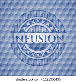Infusion blue badge with geometric pattern background.