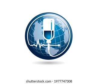 infusion bottle inside globe earth for international medical logo