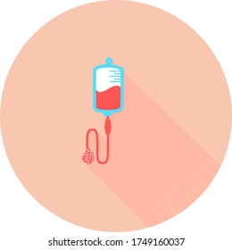 Infusión en icono circular con sombras largas. Bolsa intravenosa, sangre, goteo. Concepto de ayuda médica. La ilustración vectorial se puede usar para temas como hospital, terapia, quimioterapia. Iv, infundir, bolsa de sangre. 