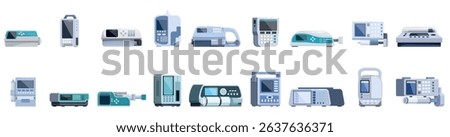 Infusion pump icons set. Various infusion pumps ensure precise and controlled drug delivery in healthcare, enhancing patient safety and treatment efficacy