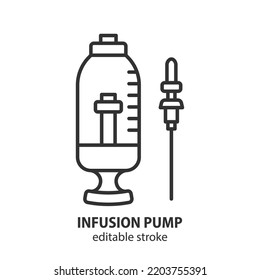 Infusion Pump Line Icon. Medical Device For Intravenous Continuous Administration Of Medicines Or Nutrition. Injection Outline Vector Sign. Editable Stroke.