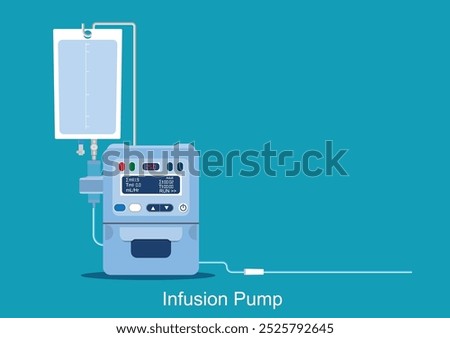 Infusion pump is a medical device used to deliver fluids into a patient body in a controlled manner.Medical Equipment, vector illustration.