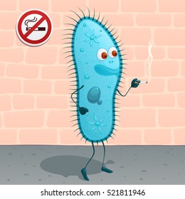 infusorian paramecium caudatum smokes a cigarette in forbidden place, near a smoking ban sign