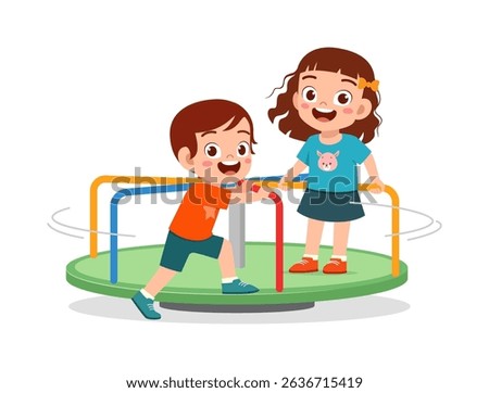 ing Children Playing on a Merry-Go-Round on a Playground with Joyful Expressions