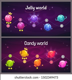 Ingame level up progress screen. Cosmic map with jelly and candy planets, level points and XP stars on the sweet world background. Space trip concept. Candy galaxy game design. Vector GUI assets.