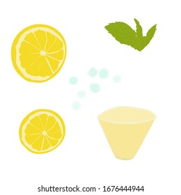 Ingedient for lemonade. Juice  cocktail  in glass for concept design. Vector illustration art. Beautiful fashion art. Isolated illustration on white background. Diet food concept. Beverage concept. 