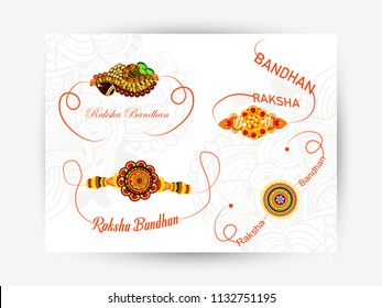 ingenious abstract, sale or poster for Raksha Bandhan or Rakhi, Indian Festival of Brother's and Sister's, with creative rakhi design illustration in background.