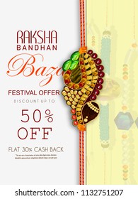 ingenious abstract, sale or poster for Raksha Bandhan or Rakhi, Indian Festival of Brother's and Sister's, with creative rakhi design illustration in background.