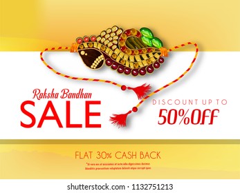 ingenious abstract, sale or poster for Raksha Bandhan or Rakhi, Indian Festival of Brother's and Sister's, with creative rakhi design illustration in background.
