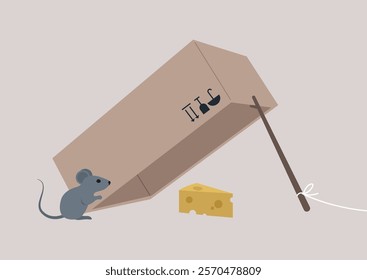 Ingenious design of a mouse trap for effective pest control in residential spaces, a simple mechanism designed to catch mice efficiently using cheese as bait while ensuring humane treatment