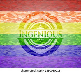 Ingenious emblem on mosaic background with the colors of the LGBT flag