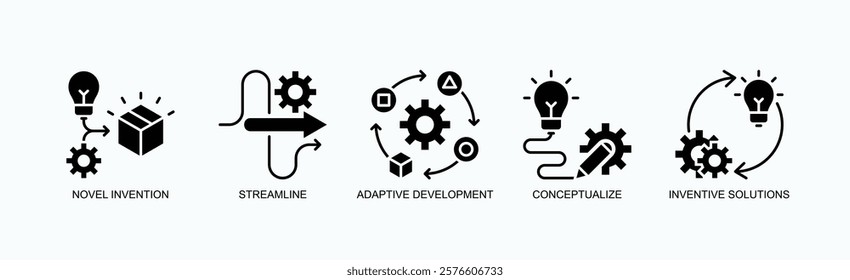 Ingenious Pathways Icon Set Isolated Vector With Icon Of Novel Invention, Streamline, Adaptive Development, Conceptualize, Inventive Solutions In Glyph Style