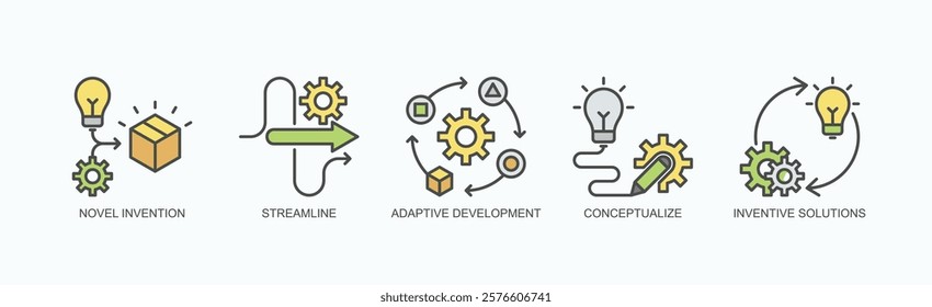 Ingenious Pathways Icon Set Isolated Vector With Icon Of Novel Invention, Streamline, Adaptive Development, Conceptualize, Inventive Solutions In Outline Color Style